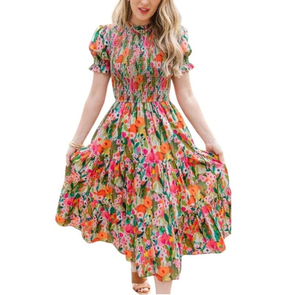 Ivy City Women's Multicolored Floral Smocked Puff Sleeve Delia Midi Dress Sz 1X